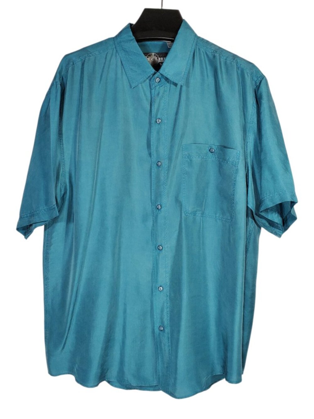 Direct Hit Short Sleeve Button Up Shirt Men's L Teal Green 100% Silk Vintage 90s